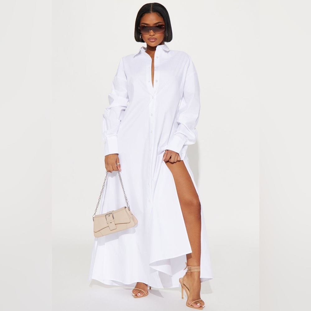 Fashion Nova White Oversized Shirt Dress – Side Slits & Pockets – Size L – NW